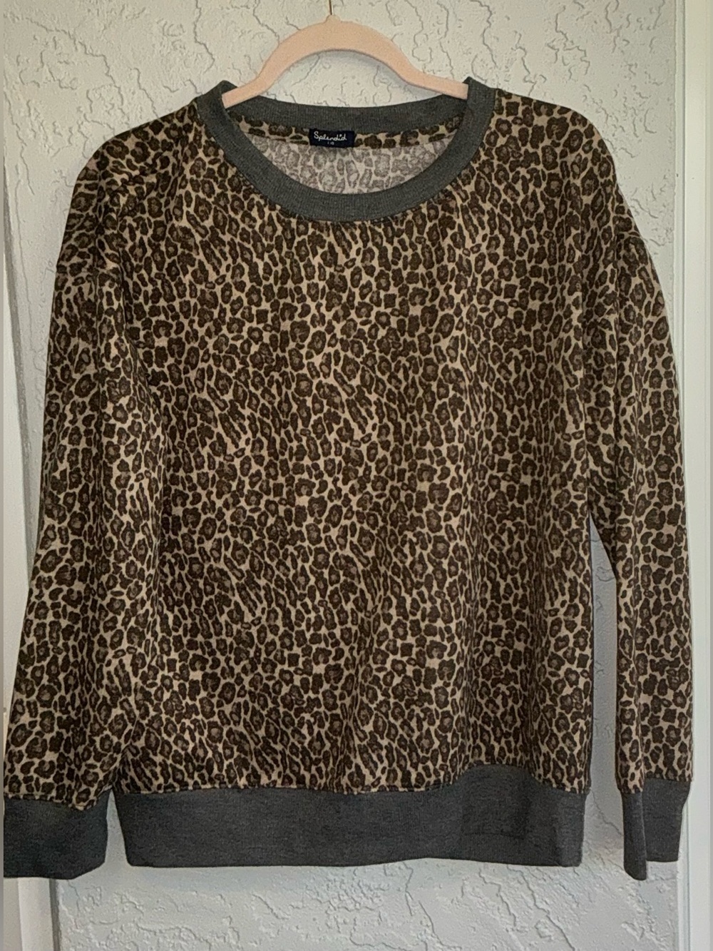 Splendid Leopard-Print Crewneck Sweater in Brown and Gray